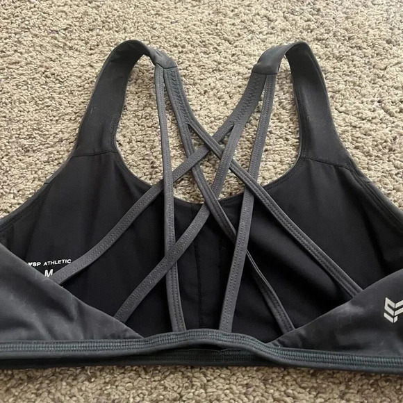 SP Athletics Strappy Gray Minimal‎ Light Compression Sport Bra Size Medium Cross - Picture 4 of 7
